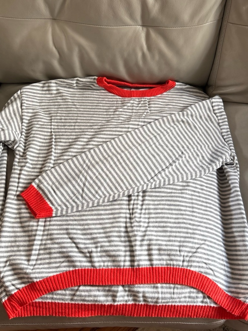 Striped Gray & Red Trim Crewneck Sweater - women’s
